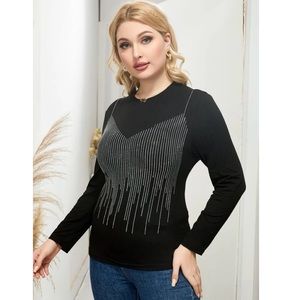 Y2K Luxe Rhinestone Plus Long Sleeve Black Top Size 2XL